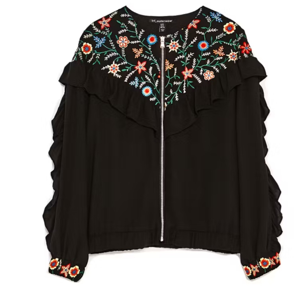 ZARA TRAFALUC Floral Embroidered Frill Black Jacket ~ Like New - Picture 5 of 12
